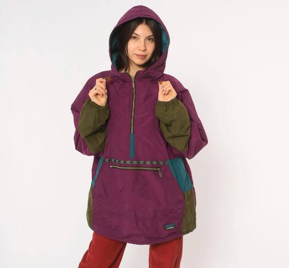 90s L.L.Bean Purple Anorak Windbreaker Half Zip Hooded Jacket Olive Green Teal Color Block Gorpcore Outdoor Hiking Rain Coat Vintage Large L