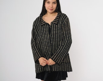 80s Wool Sweater Coat Black Cream Check Knit Button Front Long Sleeve Winter Jacket Collared Cardigan Textured Warm Knitwear Large L