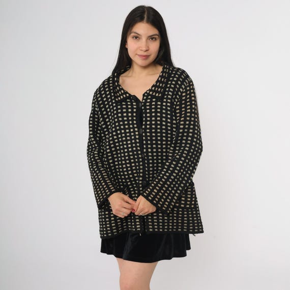 80s Wool Sweater Coat Black Cream Check Knit Button Front Long Sleeve Winter Jacket Collared Cardigan Textured Warm Knitwear Large L