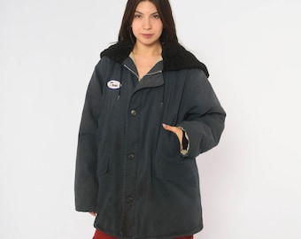 80s Navy Hooded Work Jacket Faux Fur Collar Quilted Lined Cotton Blend Parka Zip  Winter Coat Workwear Unisex Vintage Large L