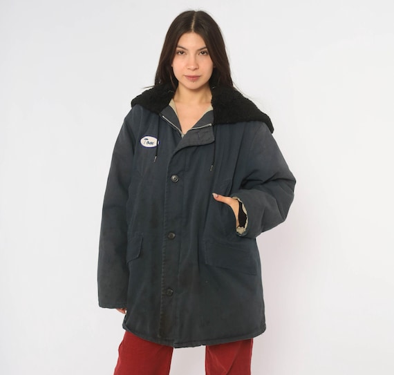 80s Navy Hooded Work Jacket Faux Fur Collar Quilted Lined Cotton Blend Parka Zip  Winter Coat Workwear Unisex Vintage Large L