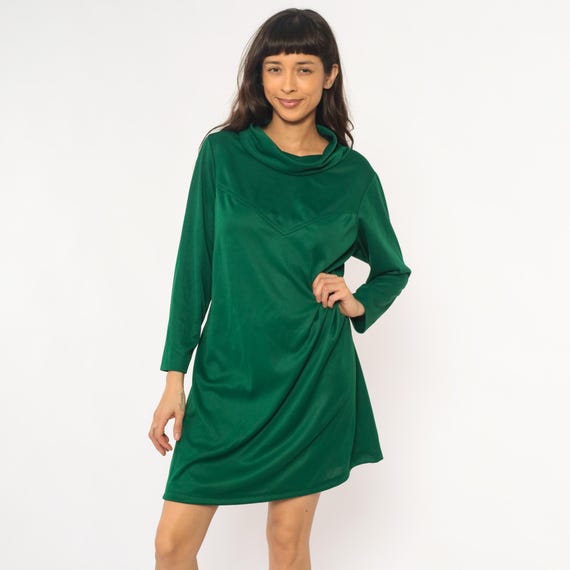 70s Green Turtleneck Dress Cowl Neck Shift Chevron Detail Emerald Forest Winter Party Autumn Fall Cottagecore Vintage Extra Large XL