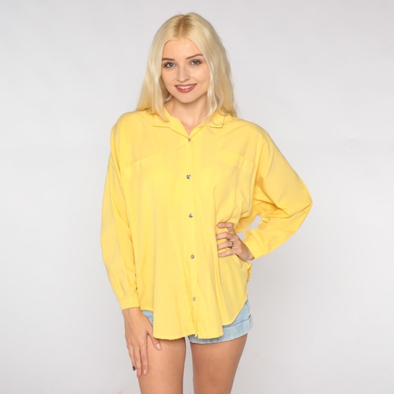 Yellow Blouse 90s Button Up Top Long Sleeve Collared Shirt Retro Basic Formal Preppy Plain Minimalist Collar Simple Vintage 1990s Large L