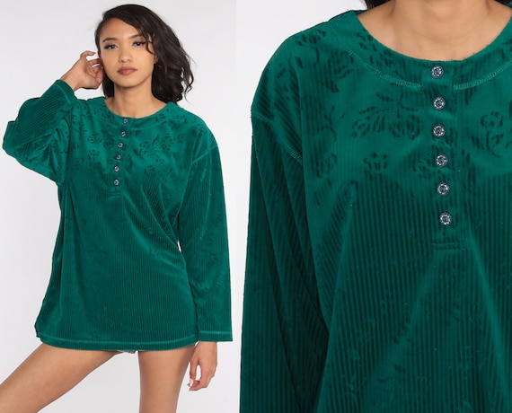 Floral Velour Shirt 1990s Green Slouchy Shirt Long Sleeve Henley Shirt Grunge Retro Boho 90s Pullover Jumper Oversized Medium