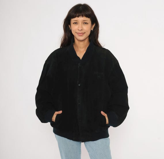 90s Black Suede Leather Camel Bomber Varsity Jacket Knit Cuff Collar Jet Dark Streetwear Gorpcore Grunge Lined Vintage Coat Extra Large XL