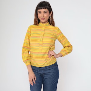 Vintage 70s Striped Button Up Blouse Yellow Multicolor High Neck Long Sleeve Retro Top 1970s Bright Small
