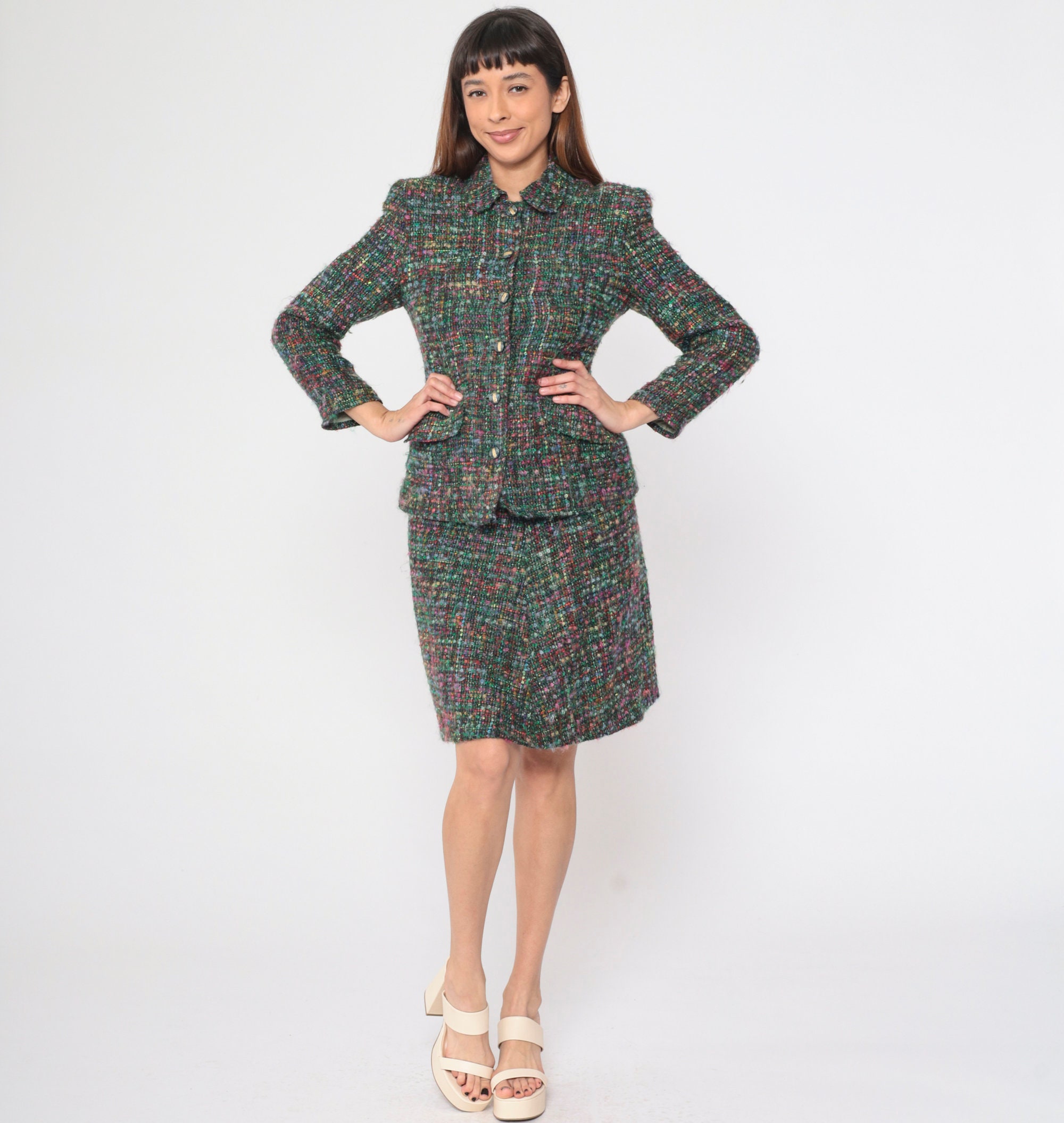 70s Two Piece Set Jacket and Skirt Tweed Suit Dress Mini Mod