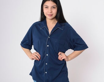 Camisa abotonada de los años 70, azul marino, ribete festoneado, cuello camisero Oxford, bolsillo en el pecho, camisa de los años 70, estilo disco, vintage, lisa, manga corta, talla extragrande xl