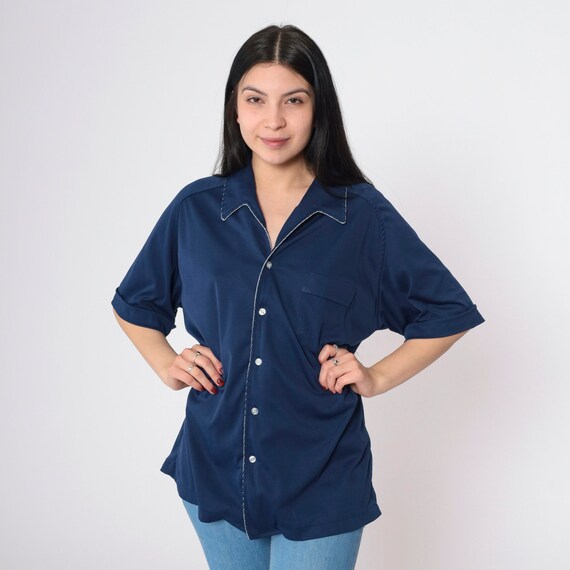 70s Button Up Shirt Navy Blue Scalloped Trim Oxford Shirt Collar Chest Pocket 1970s Shirt Disco Vintage Plain Short Sleeve Extra Large xl