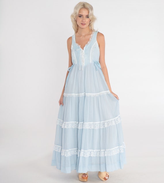 70s Gunne Sax Dress S Baby Blue Sundress Vintage Prairie Maxi Bohemian Lace Up Sun Corset Tiered Bohemian Cottagecore Lace Trim 1970s Small