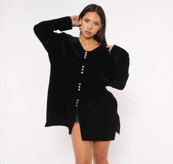 90s Black Mini Velvet Blazer Dress V Neck Long Sleeve A Line Evening Cocktail Dark Feminine Holiday Party Going Out Vintage Plus Size 1X