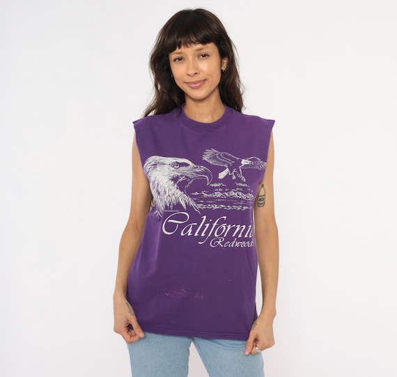 Purple Eagle Tank 90s California Redwoods Tee Souvenir Nature Wildlife Muscle Shirt Violet Cotton Cut Off Travel Tourist Vintage Medium M
