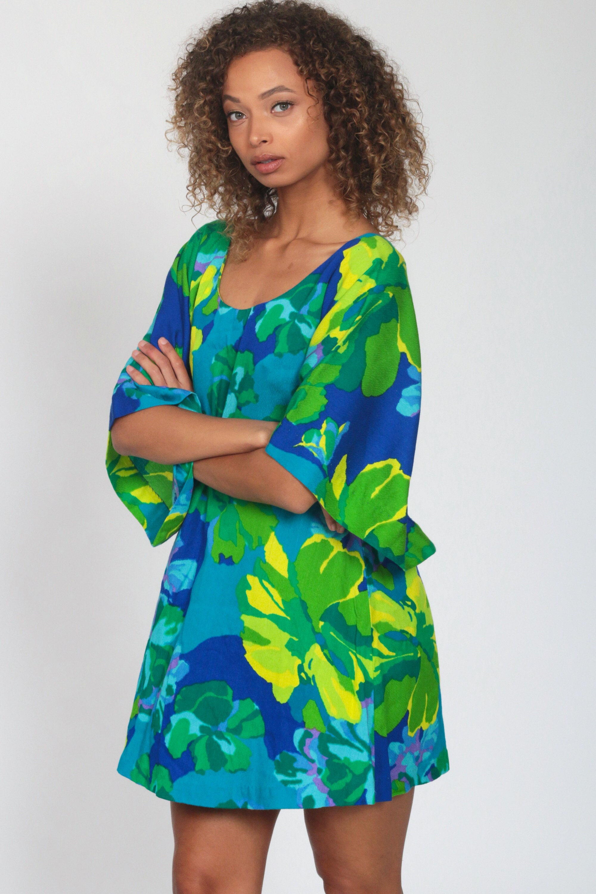 70s Mini Dress Bell Sleeve Hawaiian Dress Blue Floral Shift Mod Hippie Green Boho Tropical Dress 