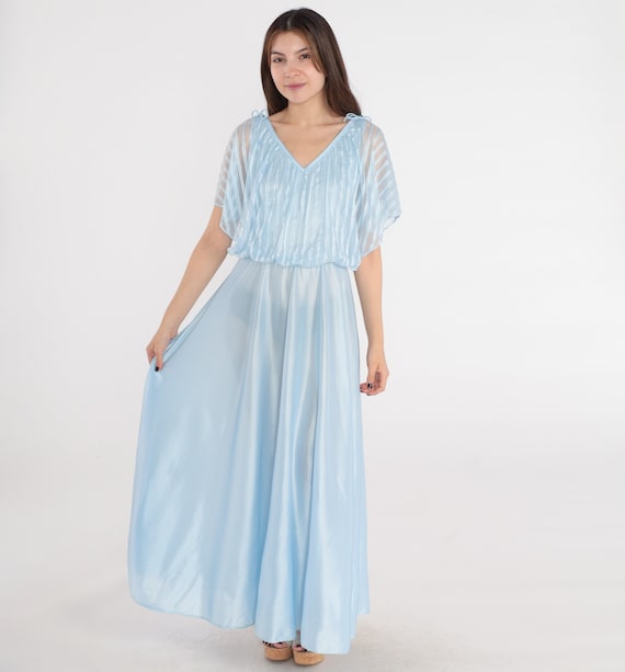 Baby Blue Gown 70s Grecian Maxi Dress Semi-Sheer Striped Flutter Sleeve Party High Waisted Long Capelet Drape Formal Vintage 1970s Small
