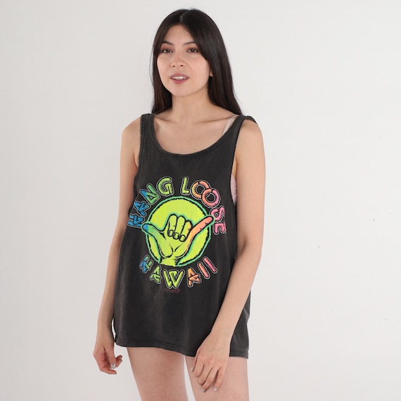 Hang Loose Hawaii Shirt 80s Tank Top Neon Shaka Graphic Tee Surfer Sleeveless T-Shirt Hawaiian Tourist Black Vintage 1980s Medium Large