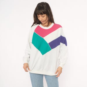 80s Color Block Sweatshirt White Pink Teal Purple Geometric Chevron Pullover Patchwork Relaxed Fit Unisex Vintage Athletic Top Large L