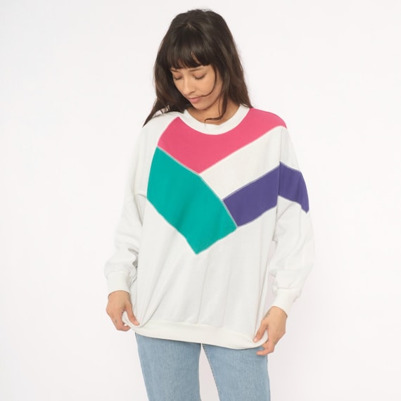 80s Color Block Sweatshirt White Pink Teal Purple Geometric Chevron Pullover Patchwork Relaxed Fit Unisex Vintage Athletic Top Large L