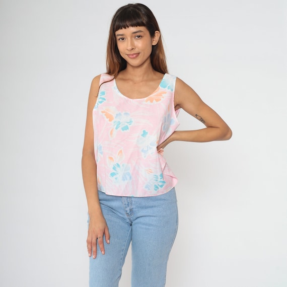 Tropical Floral Tank Top 90s Hilo Hattie Hawaiian Shirt Sleeveless Blouse Pink Hibiscus Print Retro Summer Vintage 1990s Extra Large xl