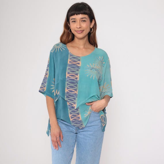 Teal Sun Blouse Y2K Asymmetric Layered Top Short Sleeve Geometric Pattern Sun Print Artsy  Festival Resort Wear Beach Vintage Extra Large XL