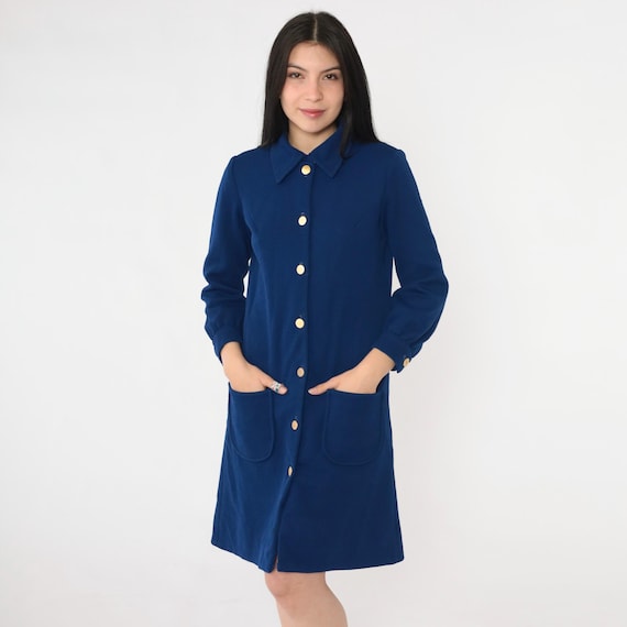 Vintage Mod Button Up Dress 60s Navy Blue Mini Jacket Dress Shift Long Sleeve Pointed Collar 1970s Twiggy Pocket Shirtdress Small Medium