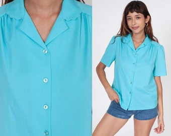 Turquoise Blue Blouse 70s 80s Puff Sleeve Top Button Up Shirt Scalloped Collar Retro Plain Secretary Blouse Bright Vintage 1970s Large L