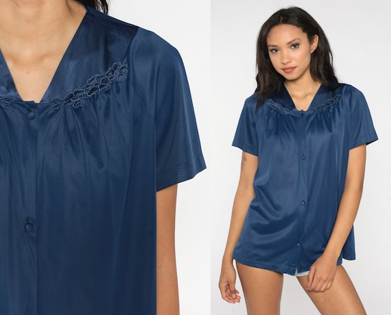 Lingerie Pajama Shirt 80s Navy Blue Floral Embroidered Pajamas Top Button Up Blouse Flower Sleep Shirt Vintage 1980s Short Sleeve Large L