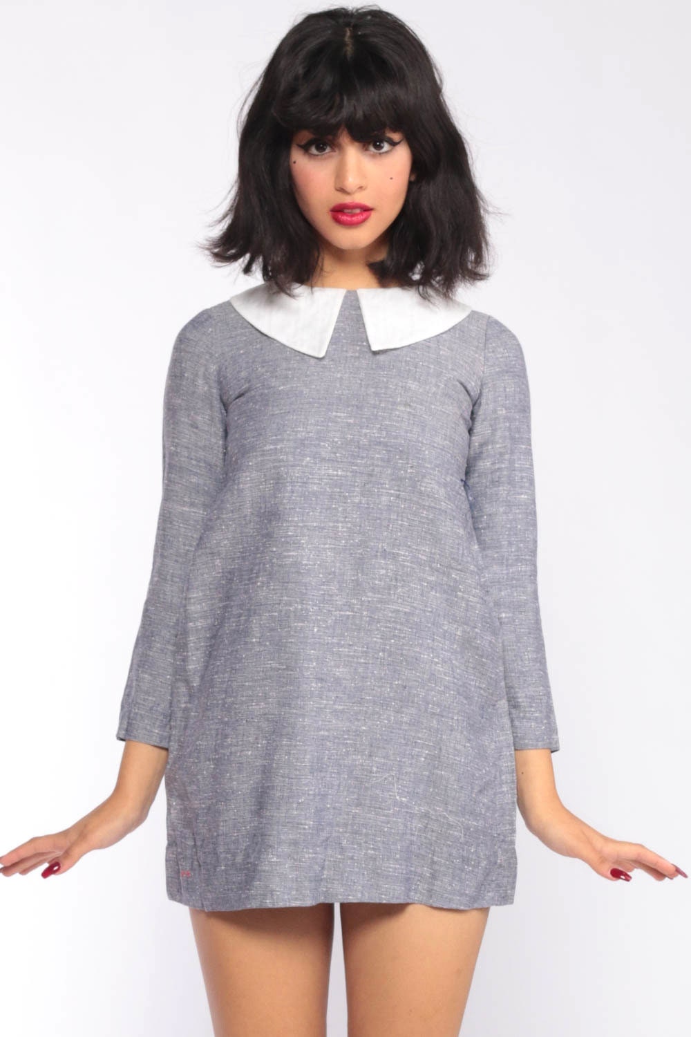 Micro Mini Dress Mod Blouse 60s Peter Pan Collar Top Shift Gogo Blue White Contrast Vintage 