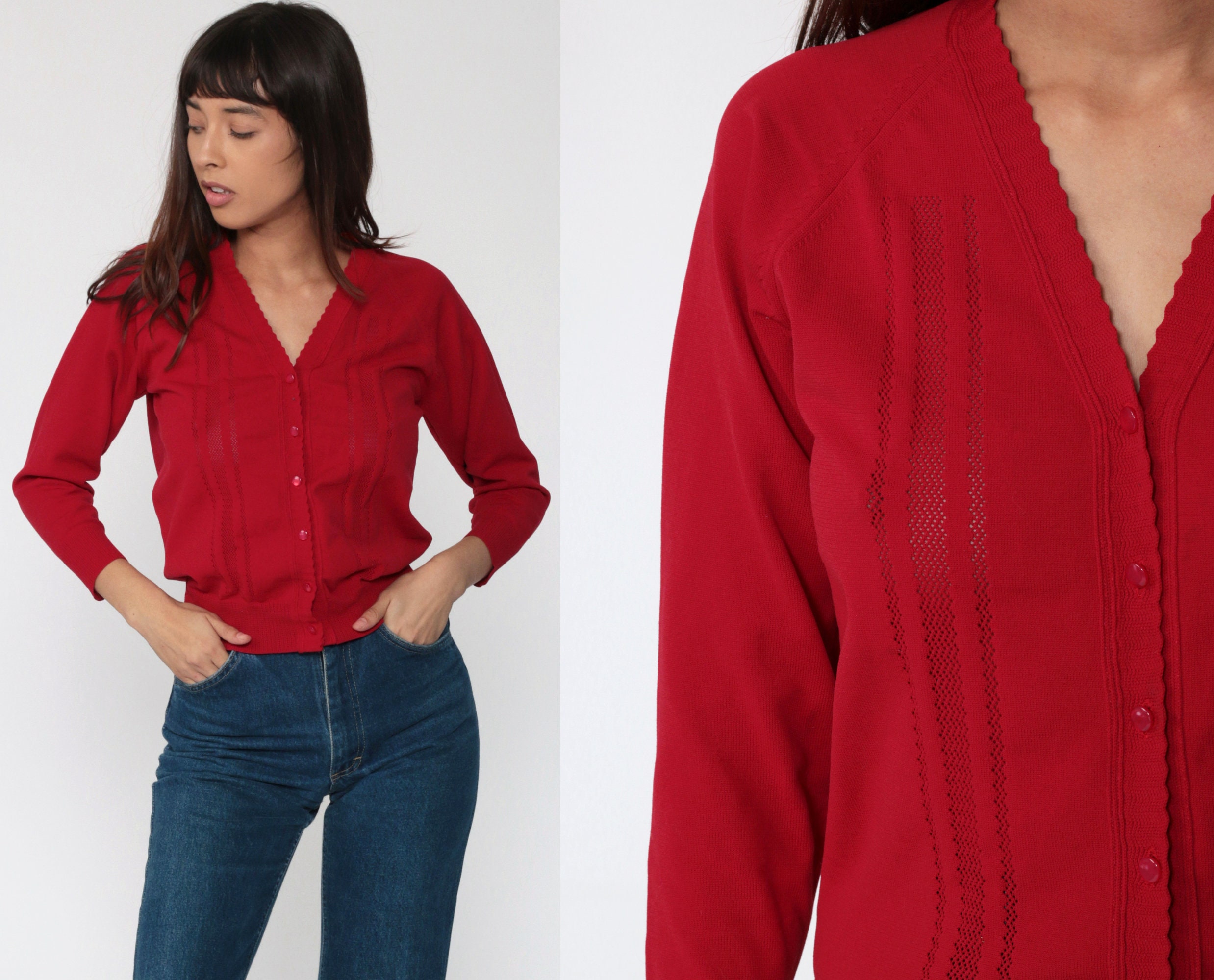 red pointelle cardigan