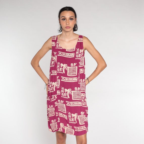 Tropical Mini Dress 90s Dark Pink Day Dress Geome… - image 3