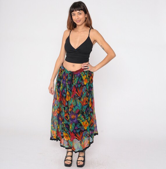 Tropical Floral Skirt 90s Maxi Broomstick Skirt Pleated Leaf Flower Print Hippie Drawstring Waist Summer Vintage 1990s Small Medium Large