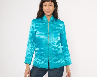 Turquoise Silk Jacket 80s Mandarin Collar Frog Button Closure Teal Satin Brocade Floral Jacquard Chinese Aqua Blue Housecoat Vintage Small S