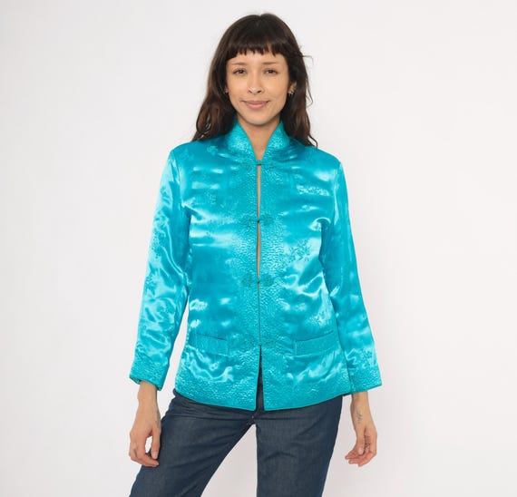 Turquoise Silk Jacket 80s Mandarin Collar Frog Button Closure Teal Satin Brocade Floral Jacquard Chinese Aqua Blue Housecoat Vintage Small S