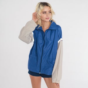 Color Block Windbreaker 80s Blue Grey Reflective Jacket Zip Up Retro Athletic Stripes Vintage 1980s Iridescent Reflectors Large L