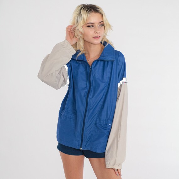 Color Block Windbreaker 80s Blue Grey Reflective Jacket Zip Up Retro Athletic Stripes Vintage 1980s Iridescent Reflectors Large L