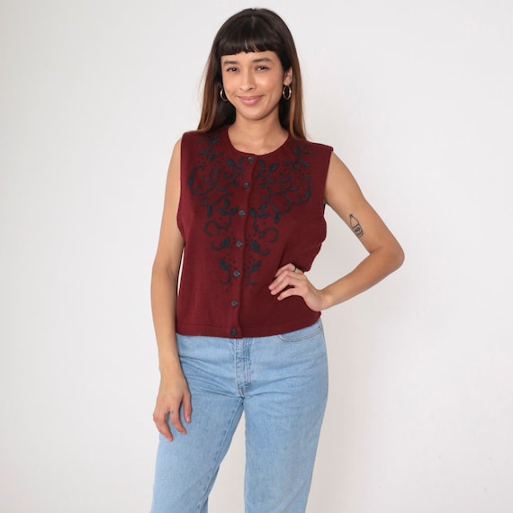 Floral Pendleton Vest 00s Burgundy Knit Sweater Vest Top Embroidered Button up Wool Acrylic Retro Sleeveless Vintage Y2K Extra Large xl