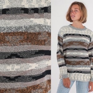 80s Sweater Striped Knit Pullover Sweater Grey Brown Cream Black Geometric Print Crewneck Jumper Grunge Retro Cotton Vintage 1980s Large L