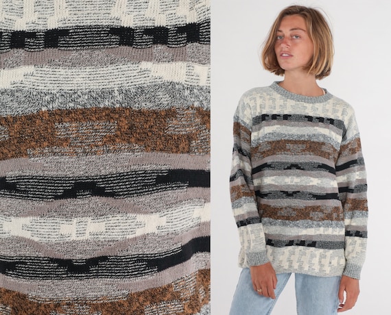 80s Sweater Striped Knit Pullover Sweater Grey Brown Cream Black Geometric Print Crewneck Jumper Grunge Retro Cotton Vintage 1980s Large L