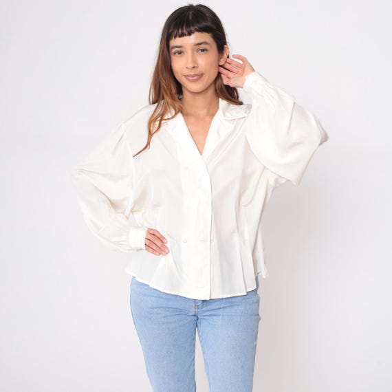 90s White Blouse Long Sleeve Shirt Classic Office Work Professional Minimalist Cream Ivory Business Formal Corporate Vintage Top