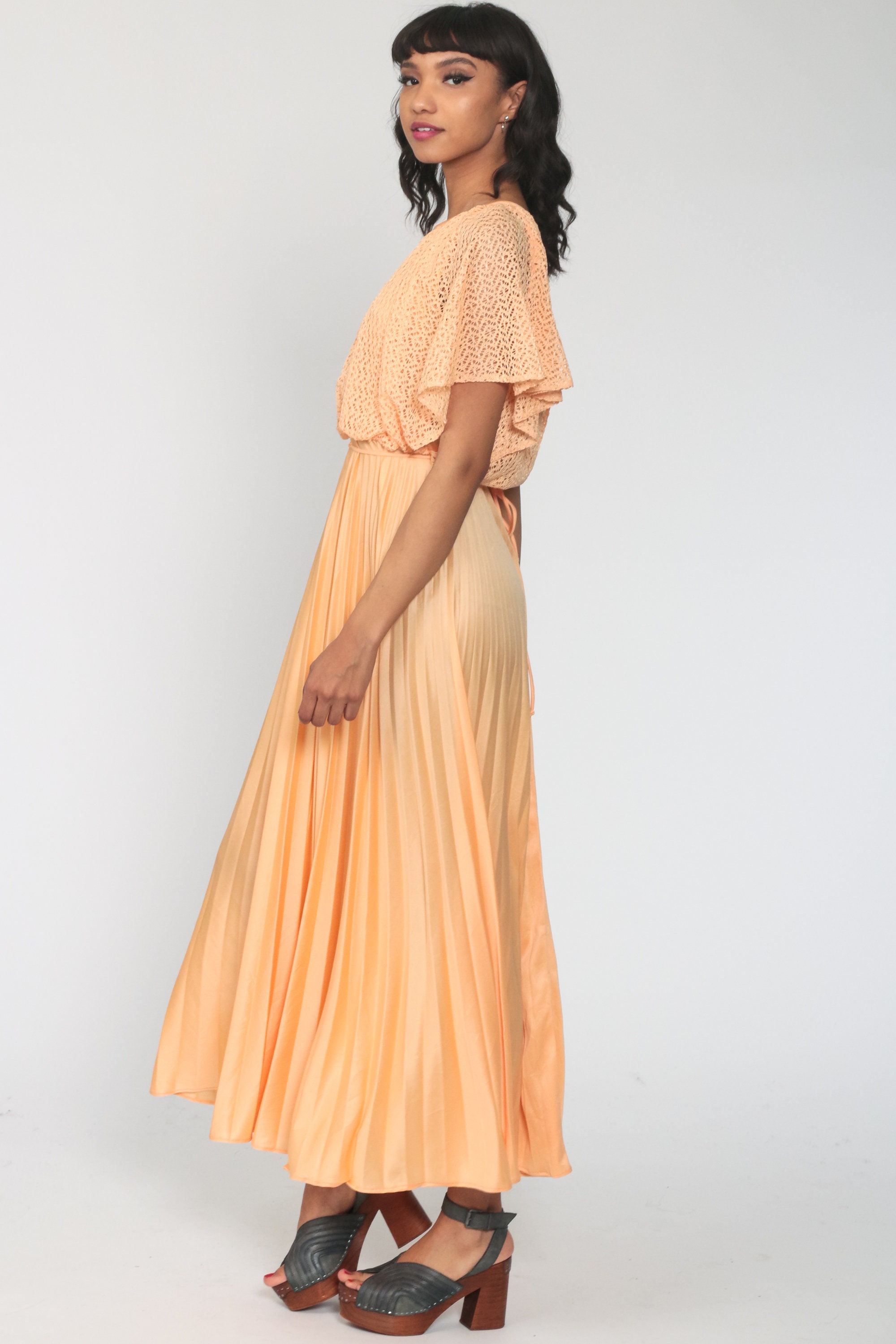 Pleated 70s Maxi Dress Orange Crochet Accordion Pleat 1970s | Etsy