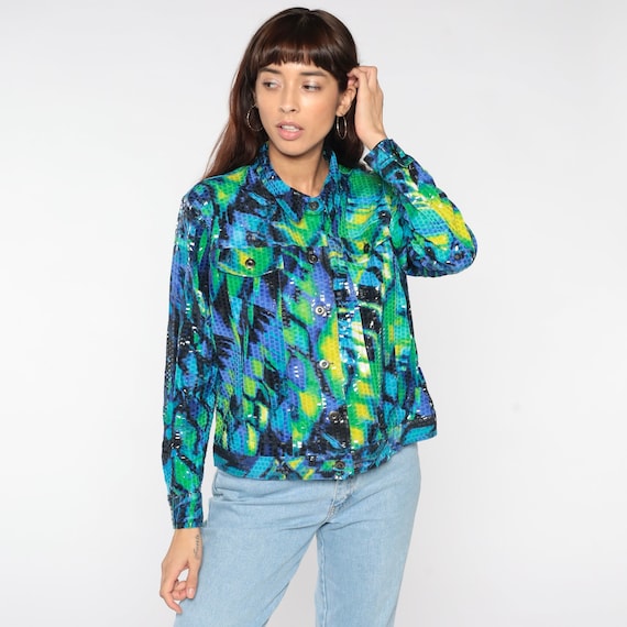Bright Shiny Jacket 90s Faux Snakeskin Jacket Green Blue Bomber Jacket Geometric Abstract Tie Dye Streetwear Vintage 1990s Petite Large L