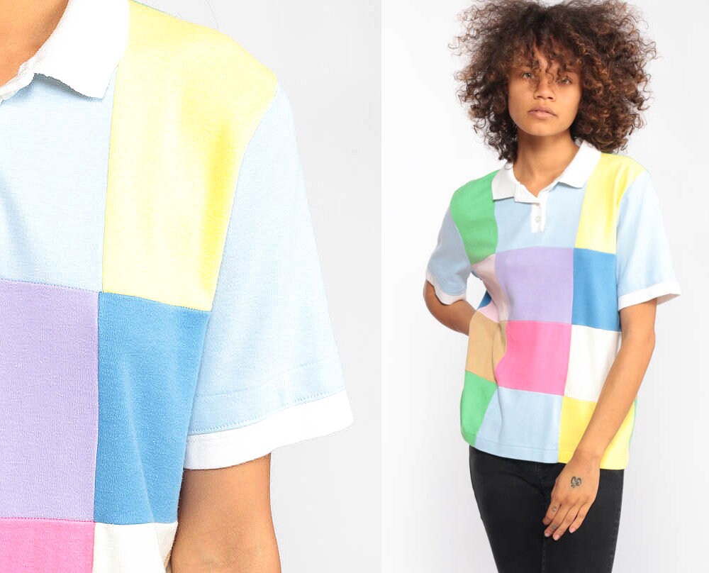 Polo Shirt 80s COLOR BLOCK Shirt Pastel Top Half Button Up Tshirt Retro T  Shirt 1980s Vintage Patchwork Small