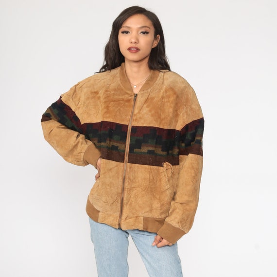 Suede Leather Jacket 80s Brown Southwestern Aztec Print Bomber Coat 80s Hippie Boho Tribal Southwest Jacket Vintage Bohemian Large L