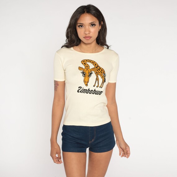 Zimbabwe Giraffe Shirt 70s Africa TShirt Graphic Tee Retro Tourist T-Shirt Travel Animal Wildlife Single Stitch Tee Vintage 1970s Small S