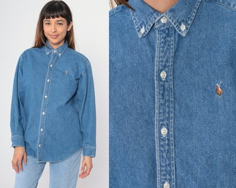 Polo Ralph Lauren Jean Shirt 90s Blue Denim Button Up Shirt Long Sleeve Collared Boyfriend Top RLP Button Down Vintage 1990s Medium Large