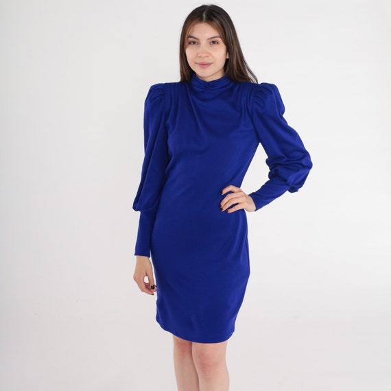 80s Dress Royal Blue Puff Sleeve Dress Sheath Mini Dress 1980s Long Sleeve Vintage Mock Neck Party Mini Retro All That Jazz Extra Small xs