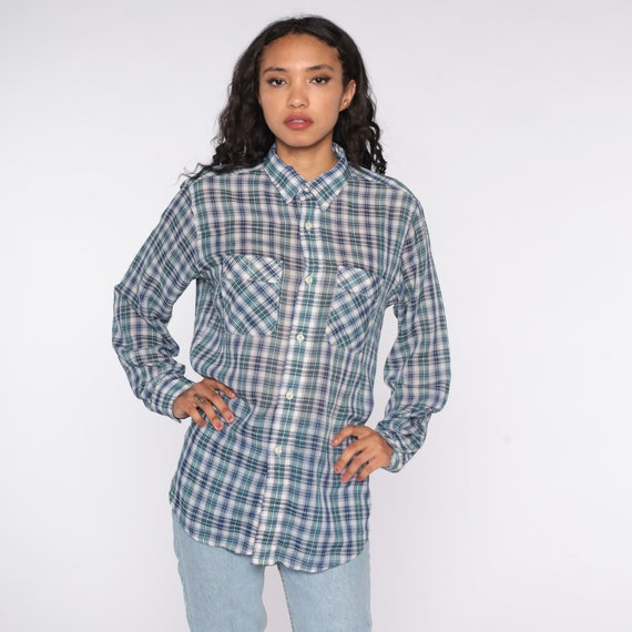 80s Plaid Shirt Paper Thin Blue Checkered Shirt 1980s Distressed Worn Shirt Vintage Button Up Top Pocket Long Sleeve Medium Large