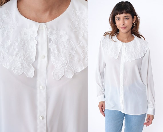 White Puritan Collar Blouse 80s Floral Embroidered Boho Top Button Up Shirt Long Sleeve Classic Party Romantic 1980s Vintage Bohemian Medium