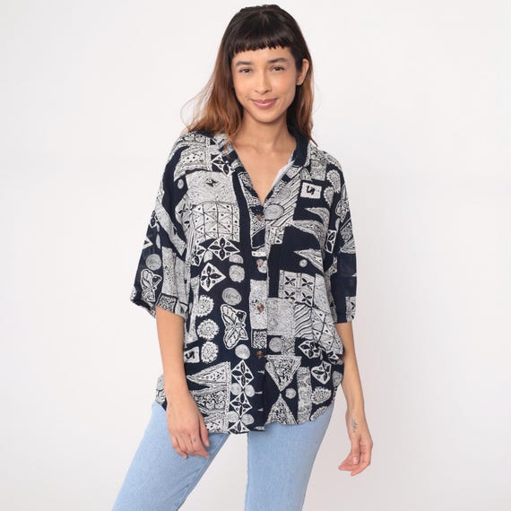 Geometric Abstract Shirt 90s Black White Mosaic Patchwork Button Front Collared Batwing Sleeve V Neck Vintage Summer Casual Relaxed Large L