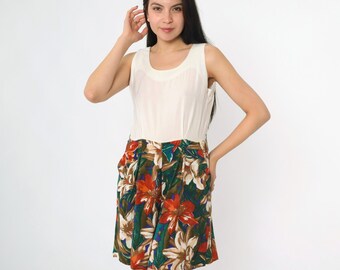 Vintage Tropical Floral Romper 90s White Playsuit Jungle Flower Print Pleated Wide Leg Shorts Sleeveless 1990s Rayon Petite Medium M