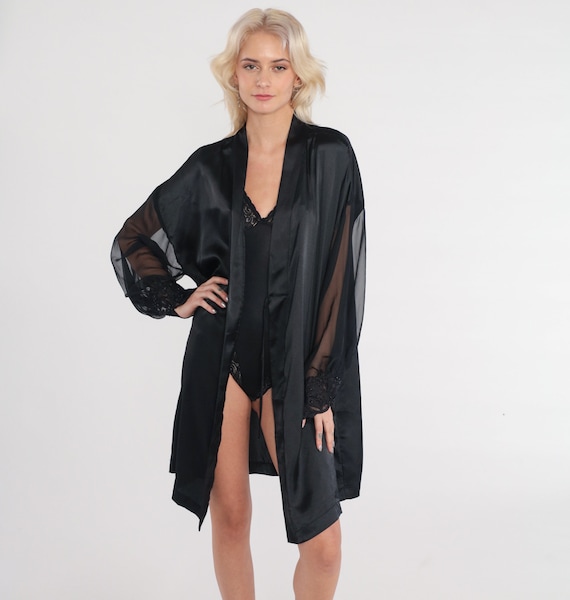 Black Robe 90s Bed Jacket Floral Lace Trim Lingerie Top Open Front Sleep Shirt Retro Lounge Goth Romantic Sexy Bodoir Vintage 1990s Large L